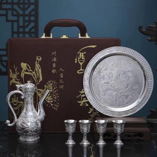 百福酒具六件套百福酒壶百福酒杯百福福袋镀金酒具镀银酒具银器