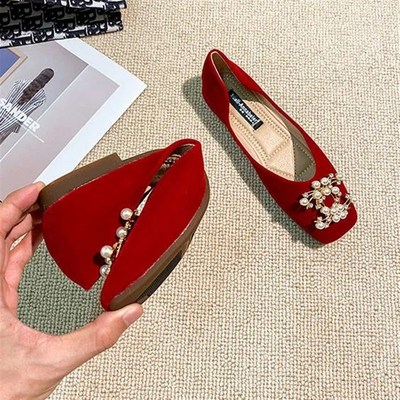 速发红色婚鞋冬季202新款新娘鞋平底孕妇可穿婚纱秀禾鞋两穿不累