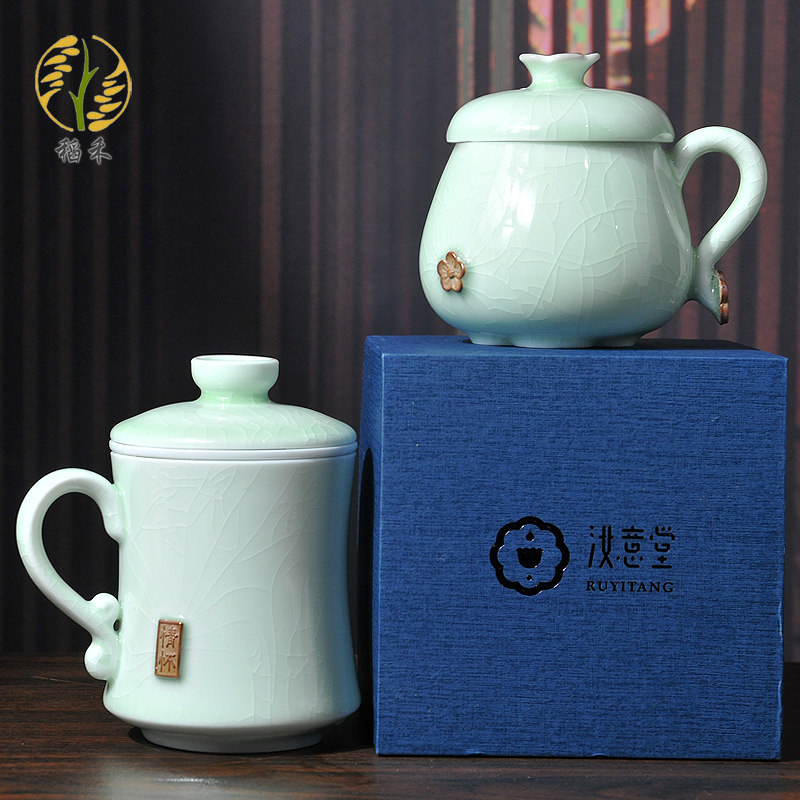 现货速发汝窑杯子陶瓷带盖子马克杯男情侣水杯一对办公室茶杯对杯