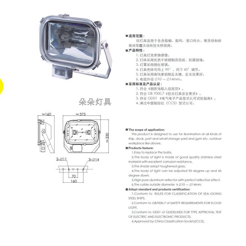 现货速发上海亮舟 船用投光灯TG18 户外不锈钢船用卤钨灯500W甲板