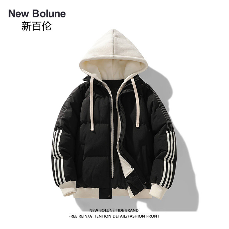 NEW BOLUNE/新百伦撞色条纹连帽男款冬季棉服假两件加厚保暖外套