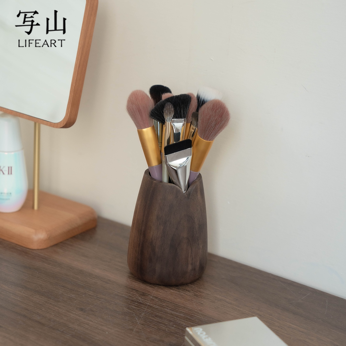 黑胡桃实木化妆刷桶收纳筒图片