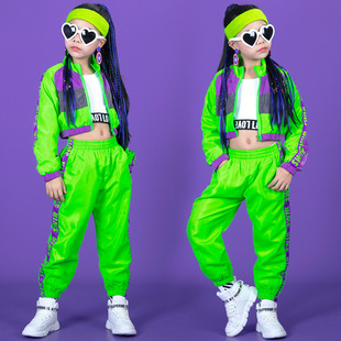hiphop露脐上衣表演服齐舞套装 儿童演出服女童爵士舞荧光绿服装 潮