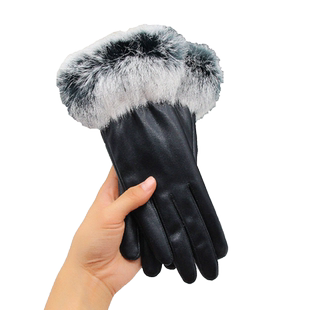 PU手套女冬天保暖加绒加厚防风防寒可爱韩版兔毛骑行摩托开车触屏