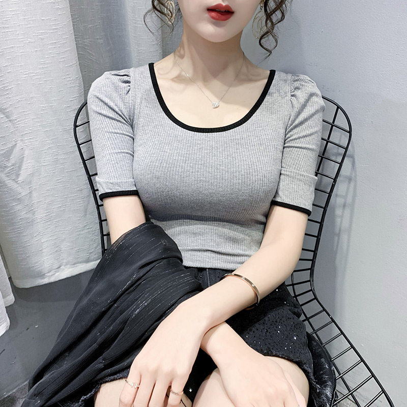 实拍#2020夏季新款泡泡袖紧身锁骨上衣高腰短款t恤女短袖控价29