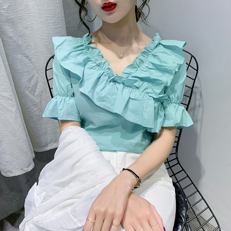 实拍#2020夏季新款荷叶边泡泡袖锁骨上衣v领短袖t恤女控价36