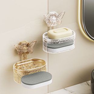 免打孔家用高档卫生间墙上高级感沥水香皂盒 蝴蝶吸盘肥皂盒壁挂式