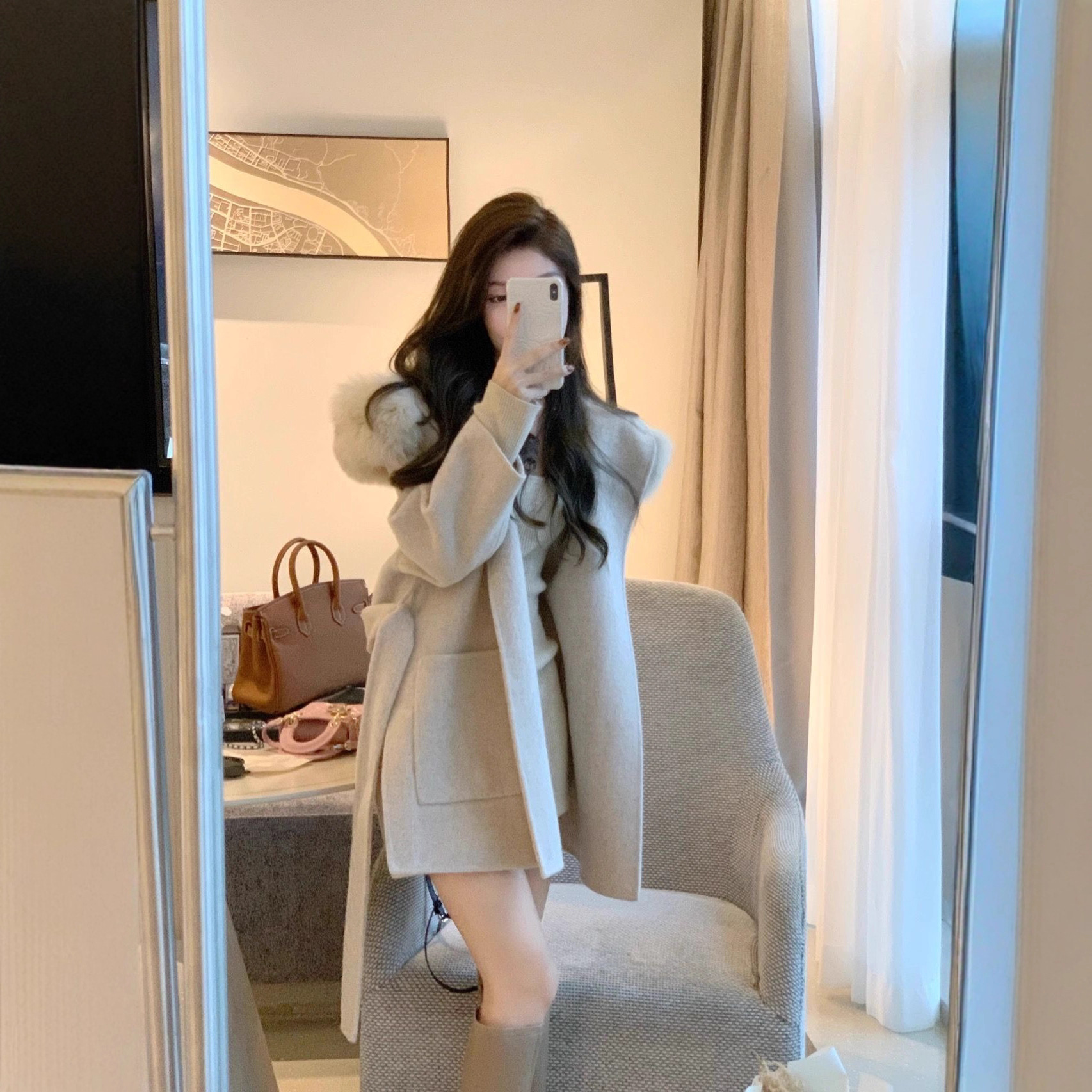 高级感羊绒双面呢子韩系短款大衣秋冬女装小个子气质收腰毛呢外套