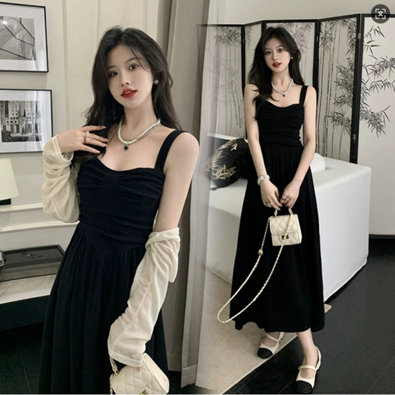 今年流行漂亮套装裙子春夏季大码新中式气质显瘦吊带连衣裙两件套