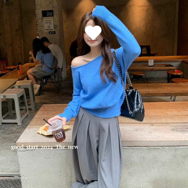 韩系斜肩宽松短款针织小衫女装