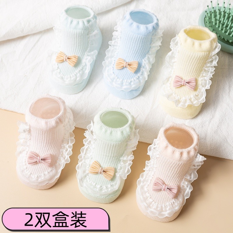 新生婴儿袜子无骨可爱短袜宝宝夏季棉袜薄款蝴蝶结花边袜学步袜子