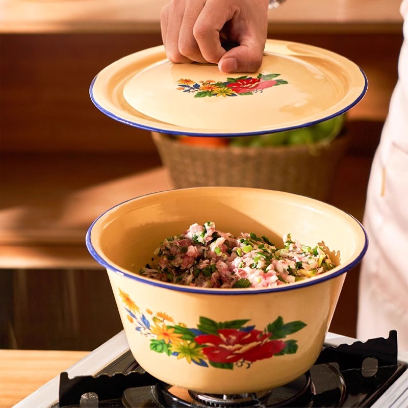 老式搪瓷猪油罐盆耐高温厨房家用油盆带盖K子大容量装馅料拌菜容