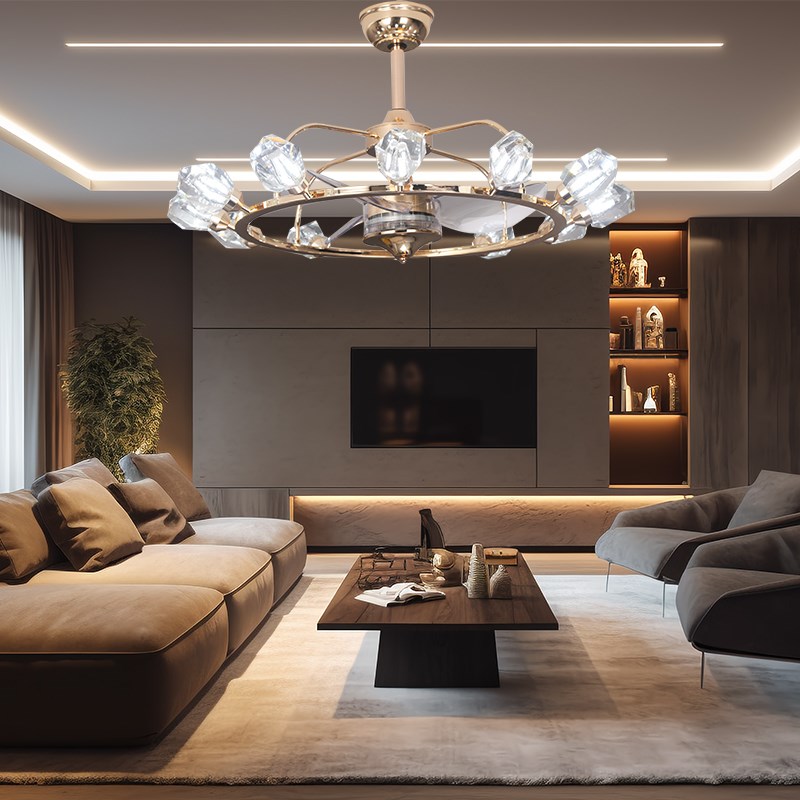 新款水晶风扇灯餐厅客厅吊扇灯卧室风扇吊灯照R明一体灯全铜电机