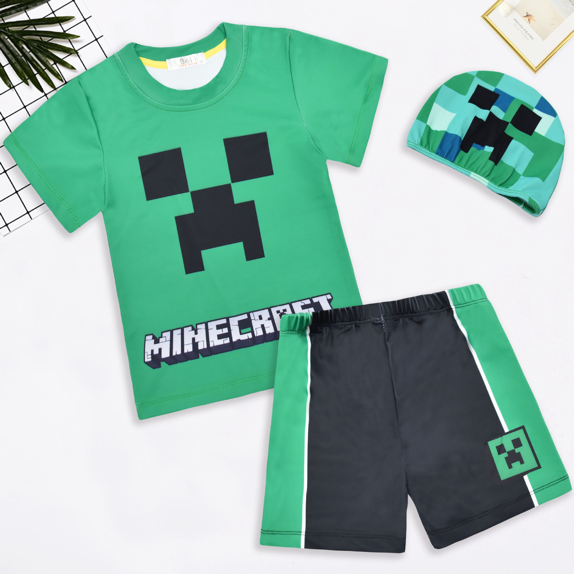 我的世界Minecraft夏季分体泳衣+泳帽套装儿童泳装三件套数码印花