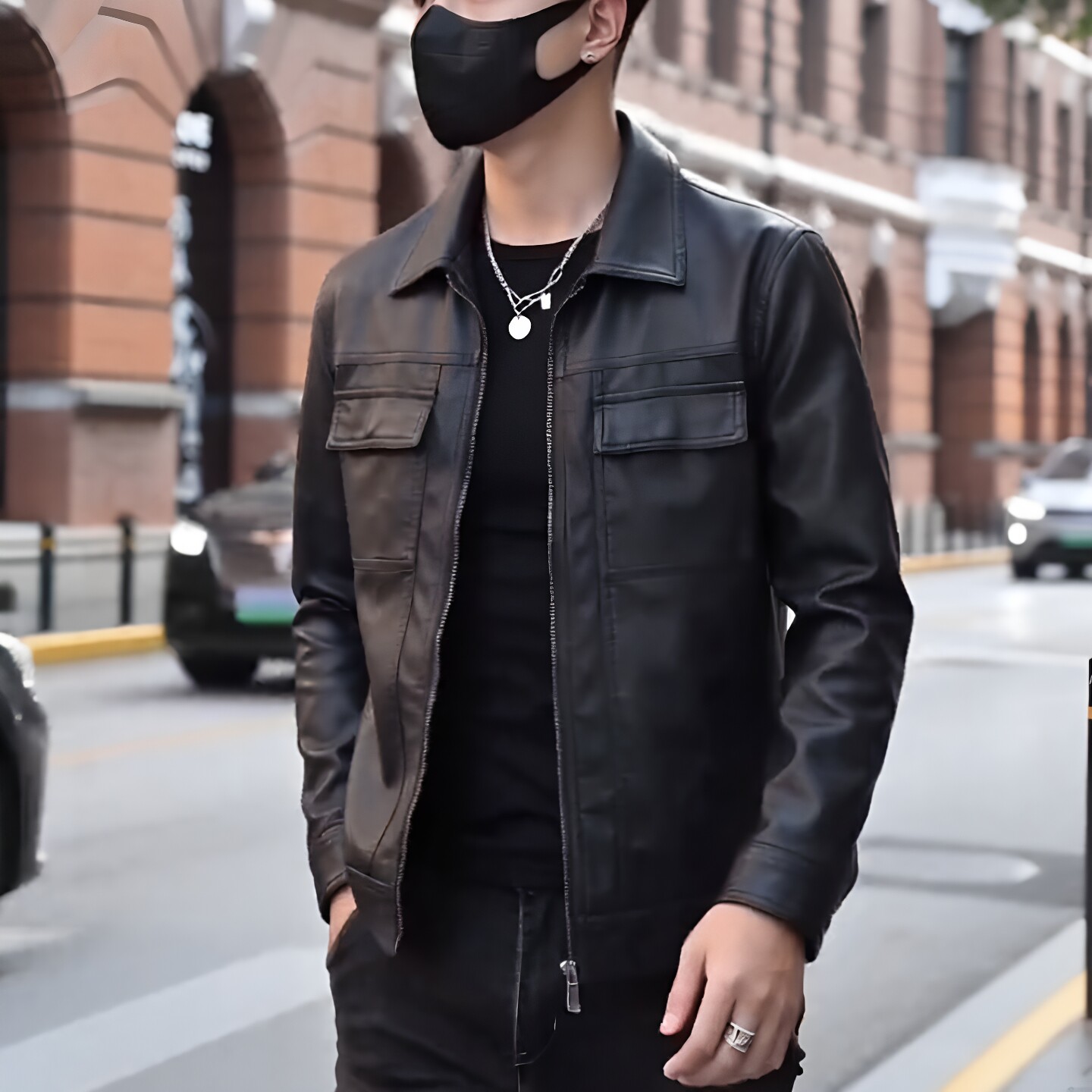 黑色机车风短款修身皮衣男春秋