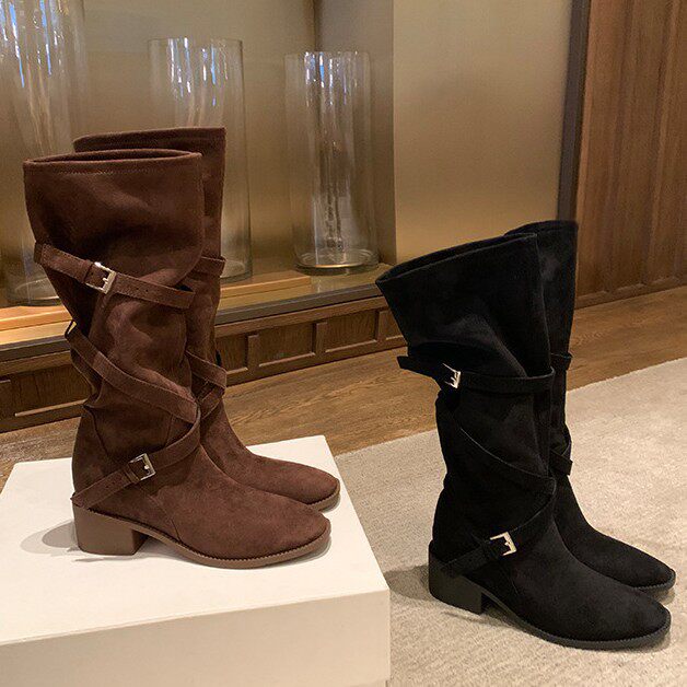 李掌柜studiolee 增高7cm~ 大长腿尖圆头交叉带粗跟骑士靴中筒靴