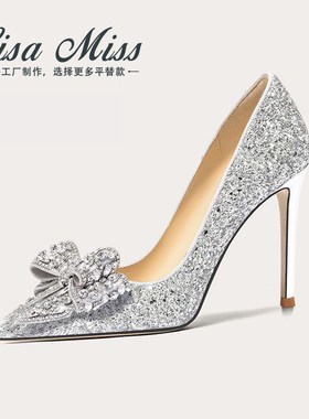 速发ca蝶mrog高跟年202鞋春婚鞋新娘鞋法式蝴o结银色水钻主婚纱