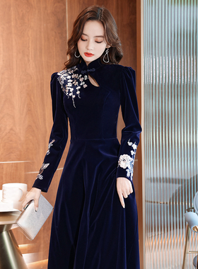 速发中式晚礼服20绒4新款宴会长款蓝色高端丝气优雅气质冬季大2长