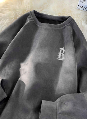 速发麂皮绒圆领男卫松美式高街衣服春设风感港计宽衣长袖T恤