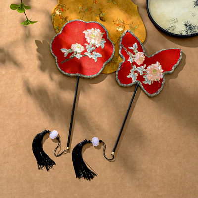 长柄牡丹绣花团扇半透明刺绣扇子