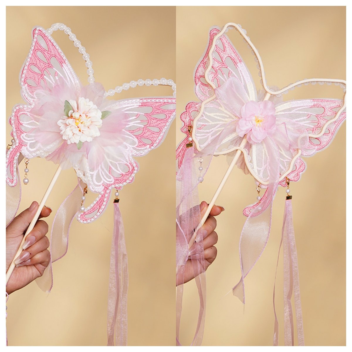 国风蝴蝶刺绣团扇古风手持扇汉服拍摄道具羽毛长飘带花朵舞蹈扇子