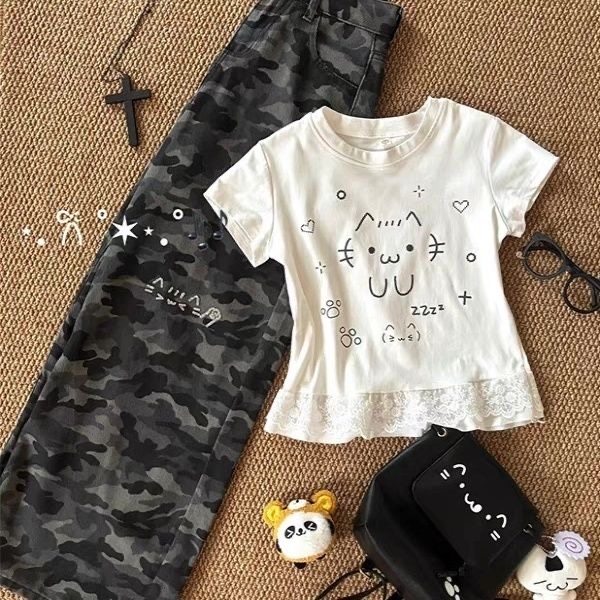 女童夏装短袖休闲裤子套装中大童夏秋季猫咪半袖儿童装迷彩牛仔裤