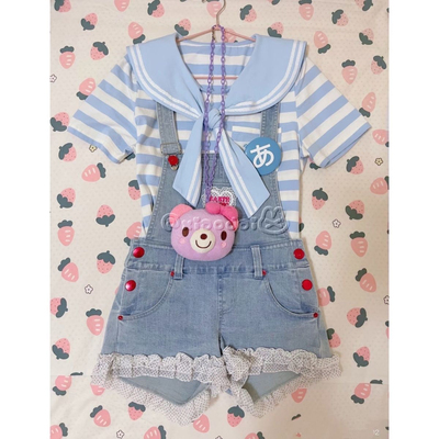 女童可爱甜美少女童装海军风条纹短袖女儿服背带裤短裤子两件套潮