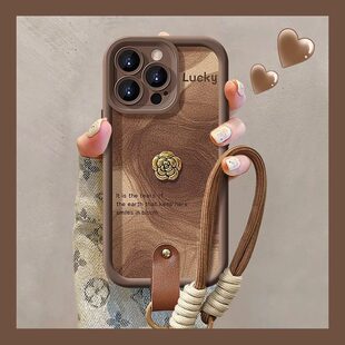 晕染山茶花适用苹果17promax手机壳新款iphone16pro保护套带挂绳14pro小羊皮高级感13全包防摔15简约时尚女软