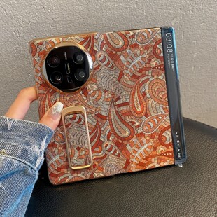 适用华为matex6折叠屏手机壳x6智能视窗棕色覆古花纹带支架matex5典藏版x3小众高级时尚xts 全包防摔手机外壳