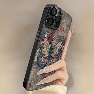 覆古蝴蝶适用苹 果16pro手机保护壳新款iPhone15保护套防摔全包14/13高级感小羊皮网红12软潮流时尚11带支架p