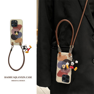 立体米奇适用iphone16promax手机壳新款高级感带挂绳外壳苹果17Pro斜挎可背卡通女款15Por全包防摔14保护套13