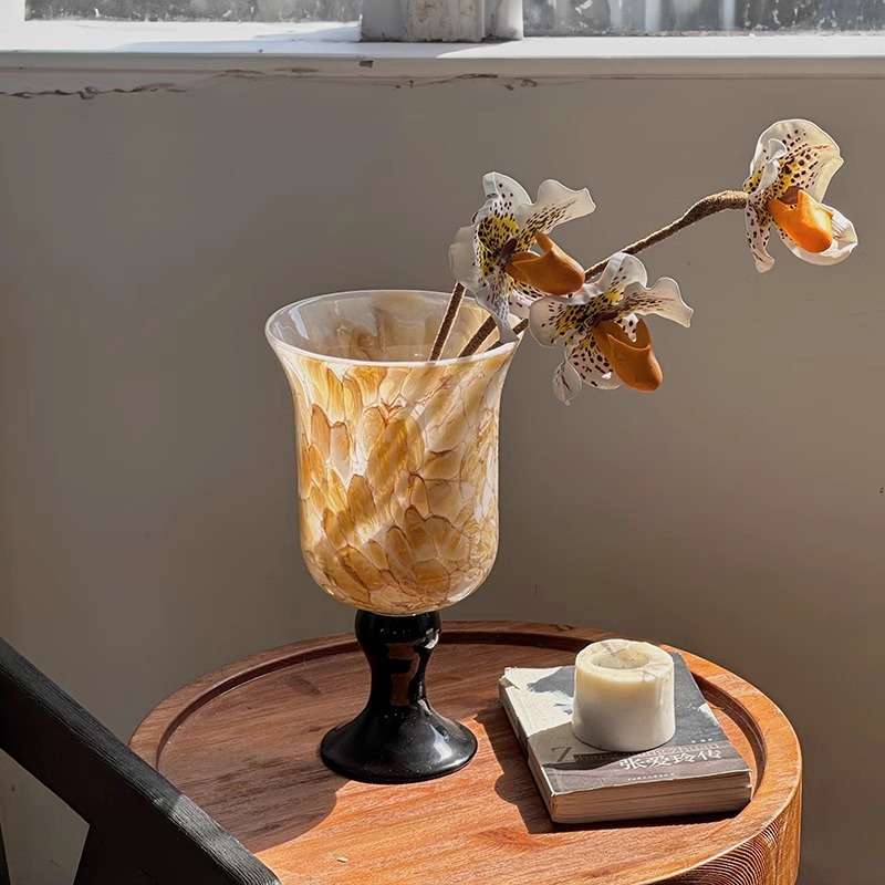 法式高脚玻璃花瓶高级感特别好看的桌面装饰琉璃花器复古绿色插花