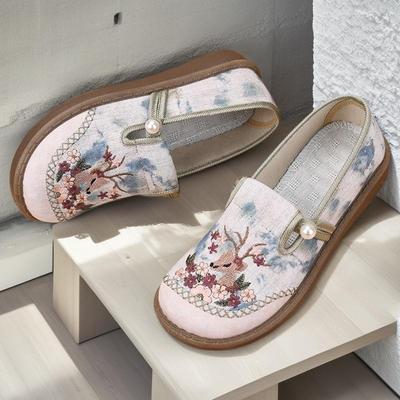 春夏老北京新中式布鞋女绣花一脚蹬平底妈妈鞋百搭透气单鞋民族风