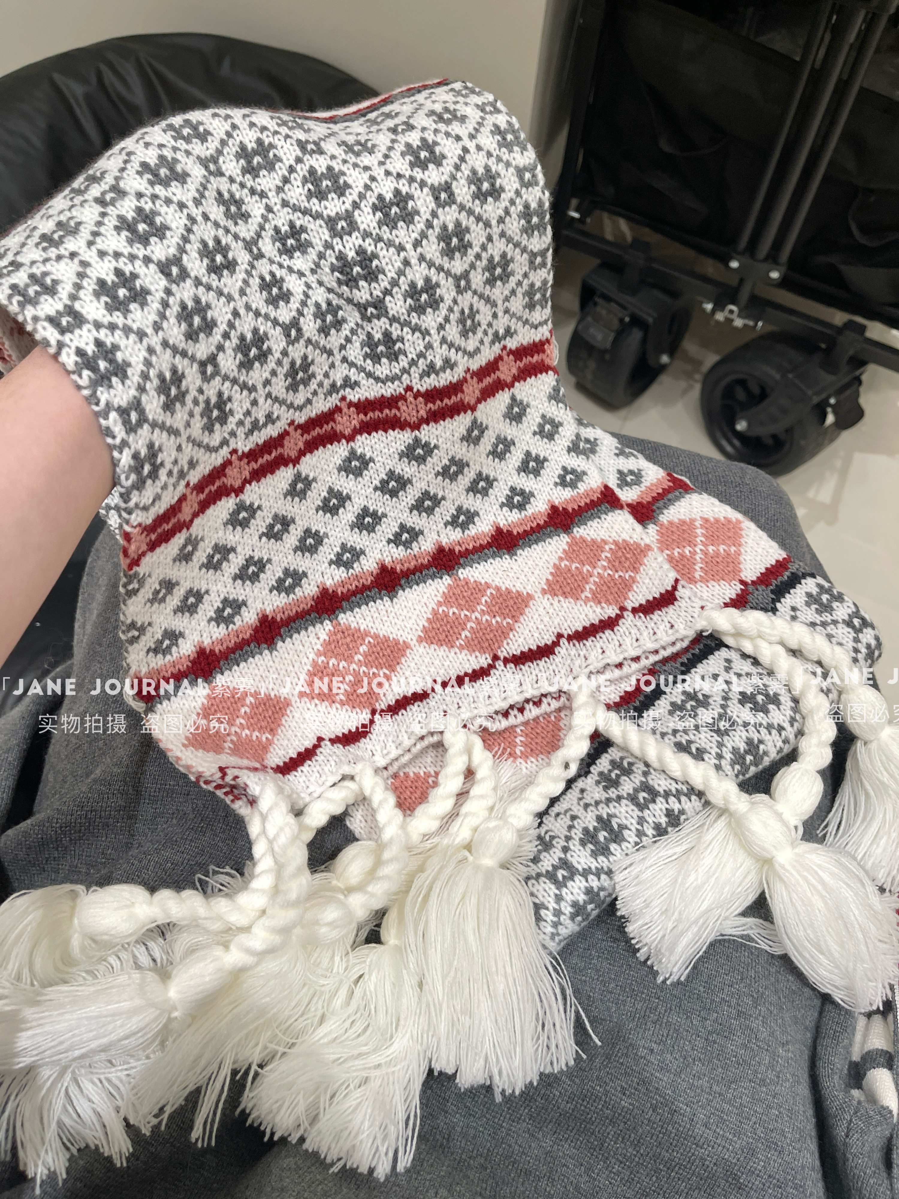 Jane·费尔岛菱格粗流苏针织长围巾秋冬新款保暖韩系氛围感女