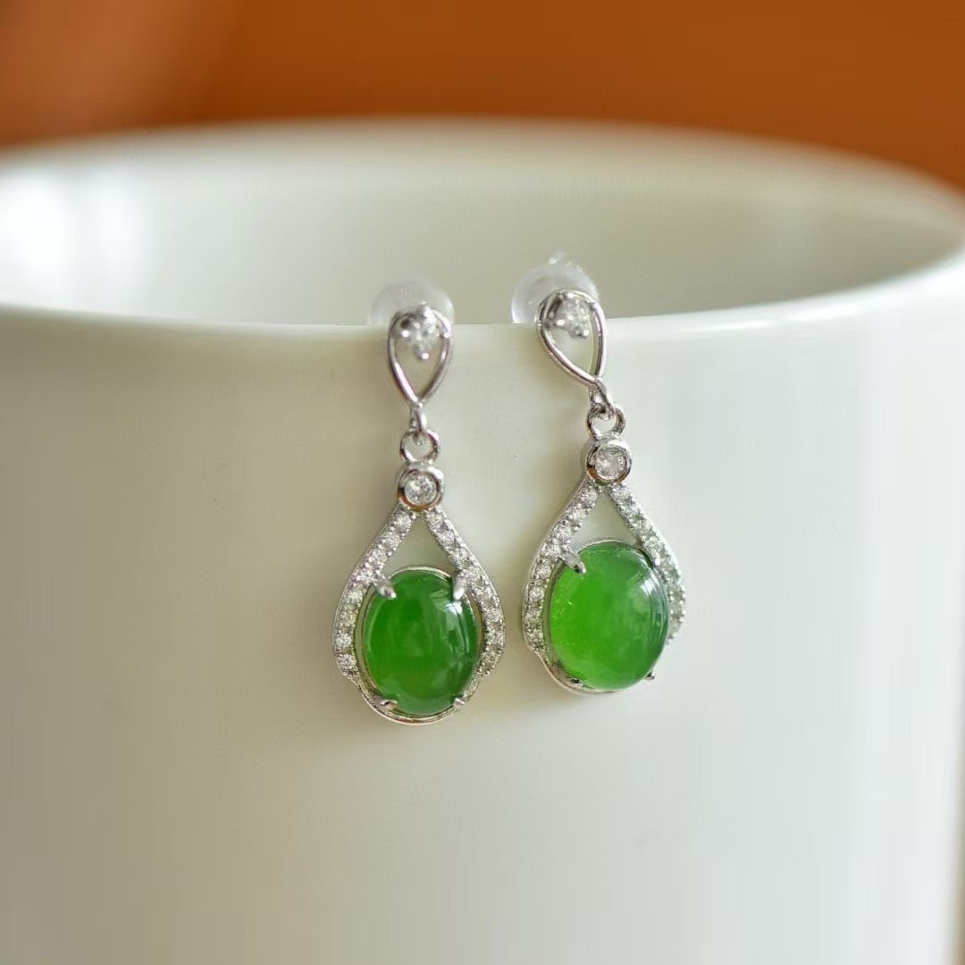 【璇姐专享】 银镶和田碧玉(7*)蛋面素银耳针耳环