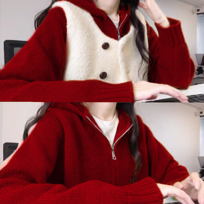 新年红色连帽运动衫毛衣外套女秋冬慵懒风软糯高级时尚减龄针织开,个性定制/设计服务/DIY,棉服工装,淘宝优惠券,粉丝福利购,淘宝优惠卷