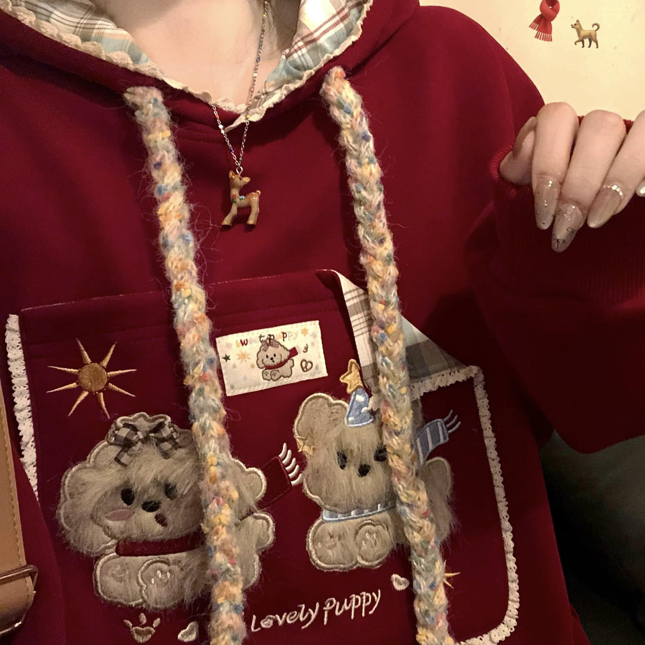 口袋毛绒狗连帽卫衣女秋冬氛围感红色格子拼接小众学院风宽松外套,个性定制/设计服务/DIY,棉服工装,淘宝优惠券,粉丝福利购,淘宝优惠卷