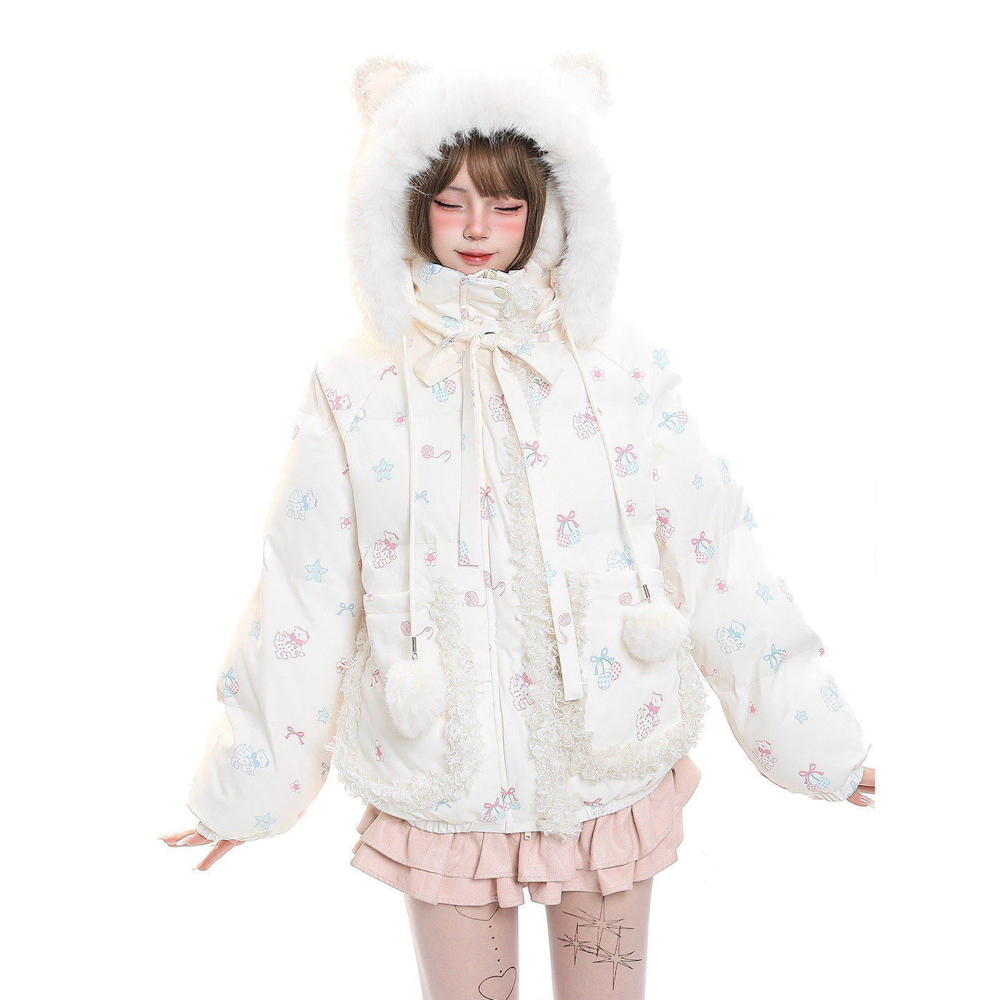 甜美可爱卡通印花毛领连帽棉服女装冬季萌宅系超好看加厚保暖外套,个性定制/设计服务/DIY,棉服工装,淘宝优惠券,粉丝福利购,淘宝优惠卷