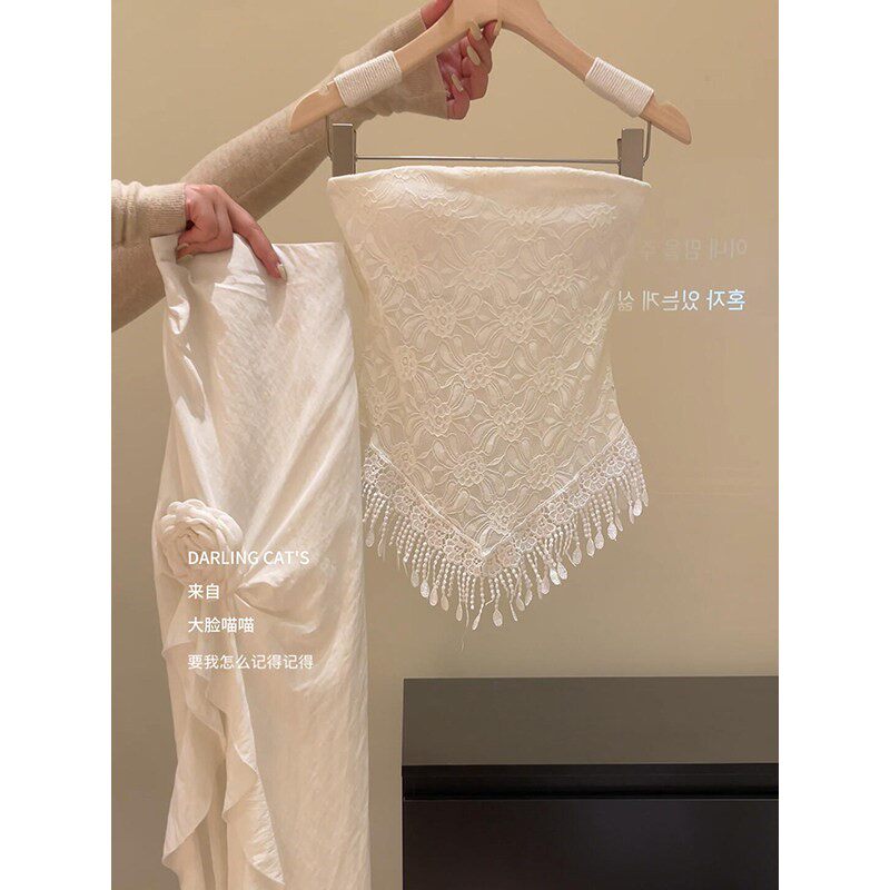 法式新款辣妹设计感蕾丝抹胸女夏季外穿流苏背心上衣半身裙两件套