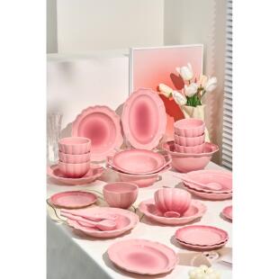 粉色家用餐具新婚礼物果盘碗家用2023新款 渐变粉色碗碟套装 餐具