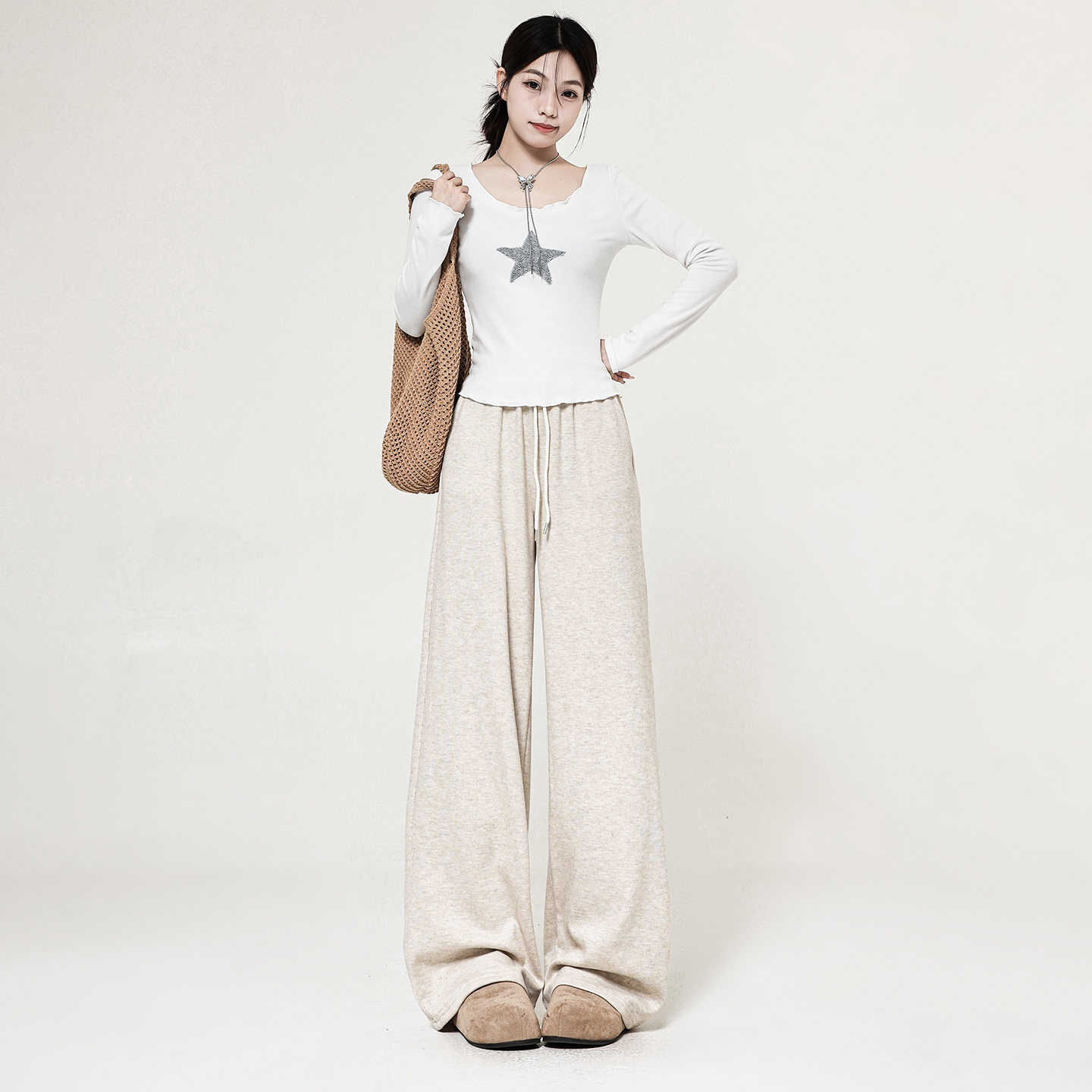 简约休闲卡其色高腰阔腿裤拖地裤