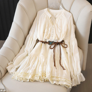 优雅V领长袖 连衣裙女收腰系带荷叶边减龄显瘦女波西米亚风长裙