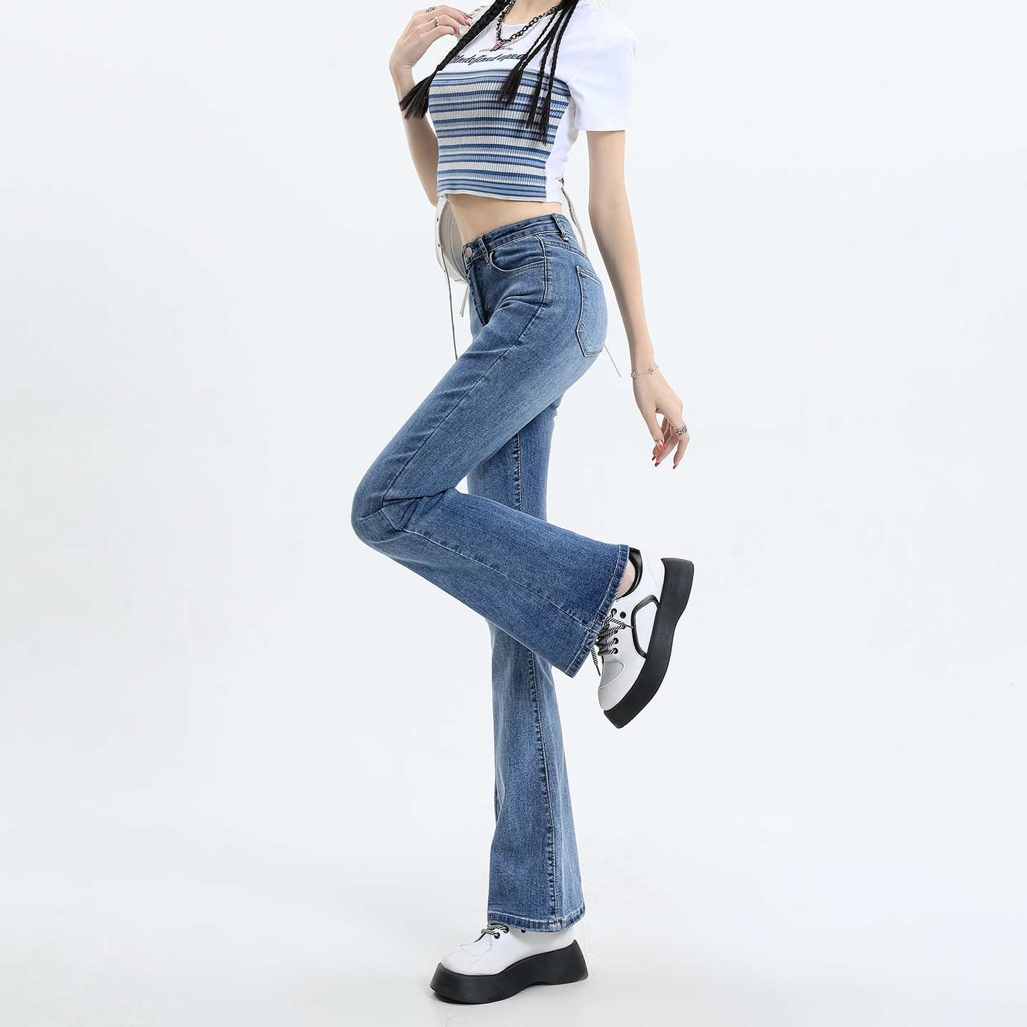 复古蓝紧身弹力微喇牛仔裤女2026春季新款高腰修身显瘦拖地马蹄裤,女装/女士精品,牛仔裤,淘宝优惠券,粉丝福利购,淘宝优惠卷