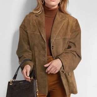 Loose Brown Pocket Long Blazer Women Sleeve Vintage
