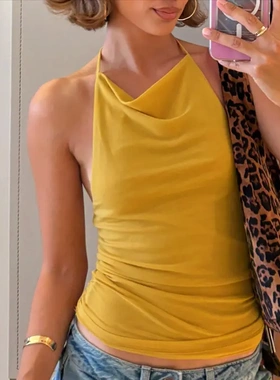 Solid Colour Sexy Backless Mesh Hanging Neck Top for Women