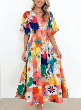 Floral Printed Bubble Sleeve Zigzag Long Dresses Dresses