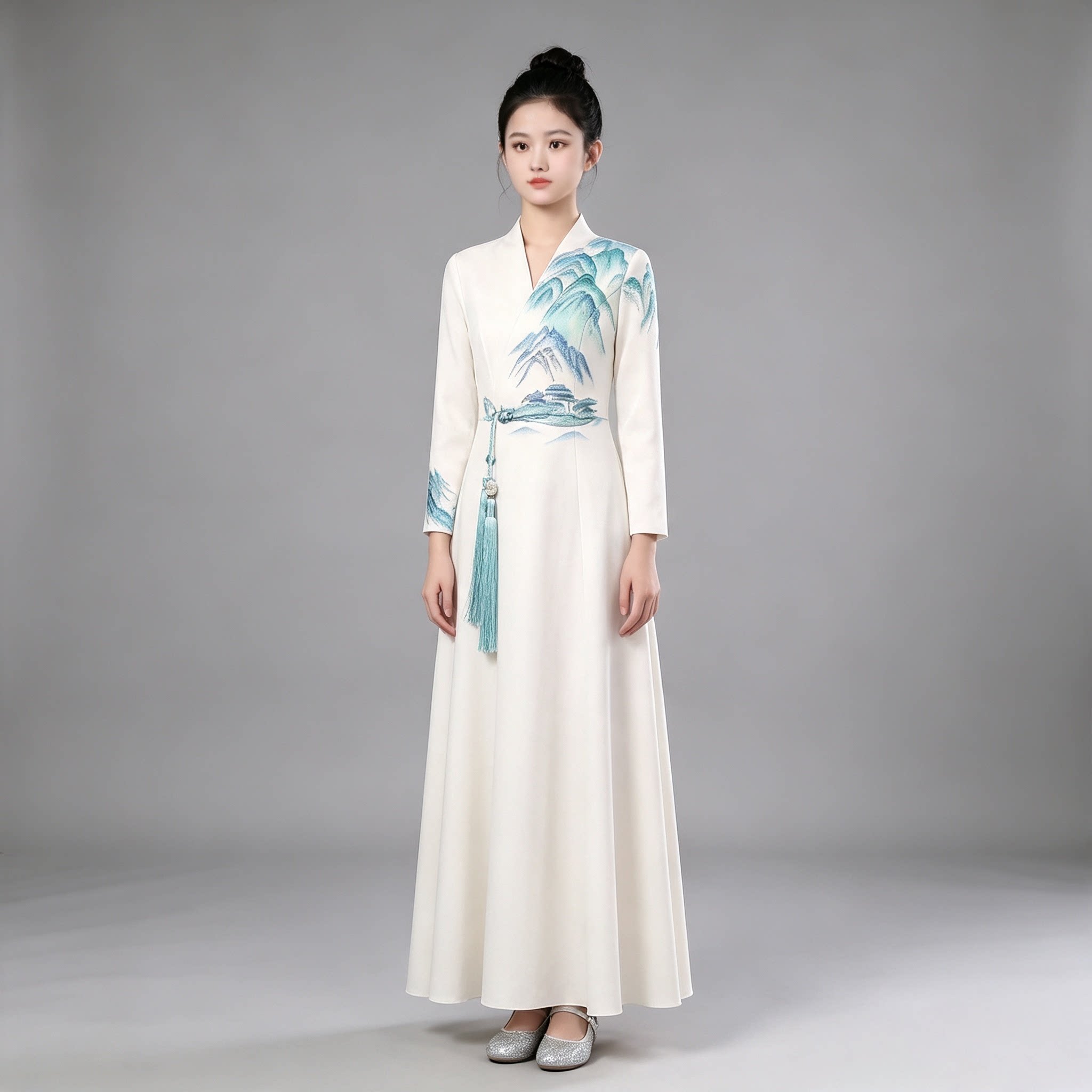白色山水印花立领西服合唱演出