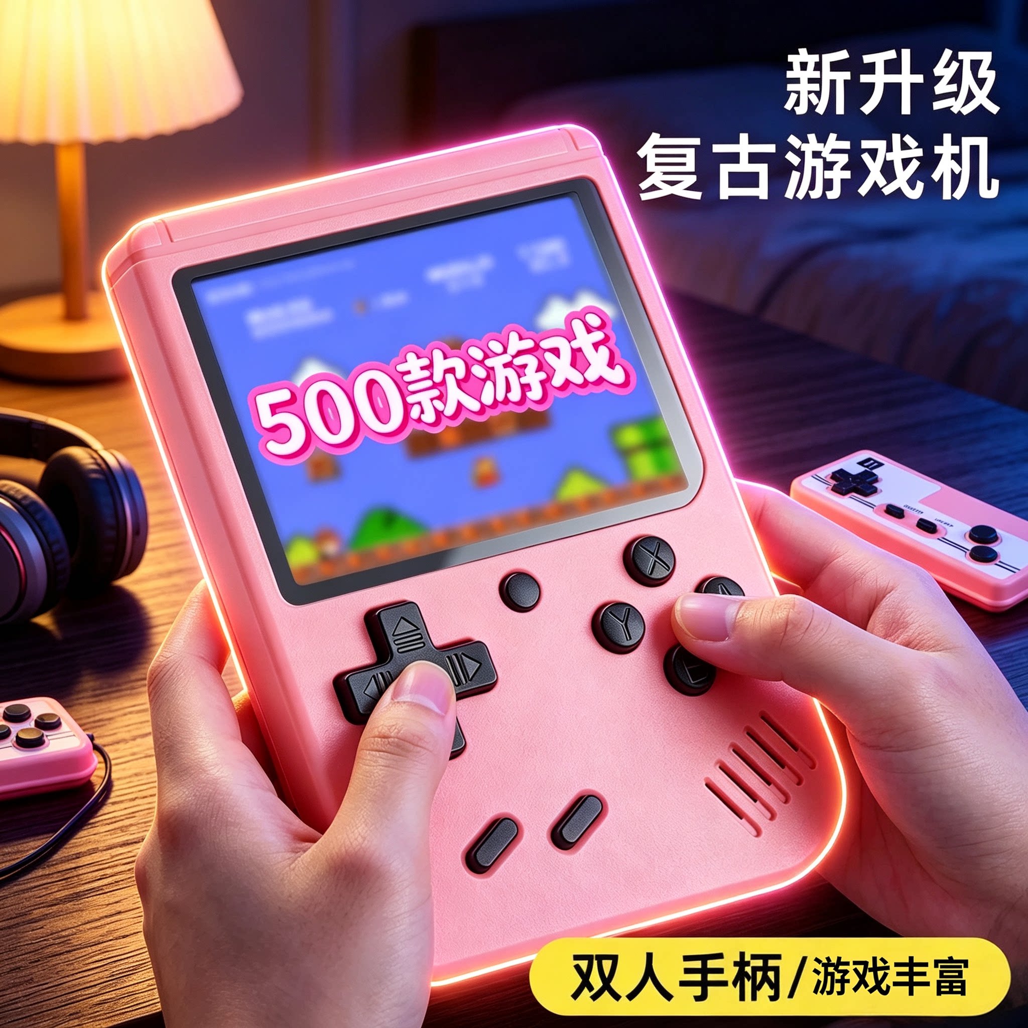 2026新款升级复古掌上游戏机500款合一双人手柄粉色儿童玩具礼物