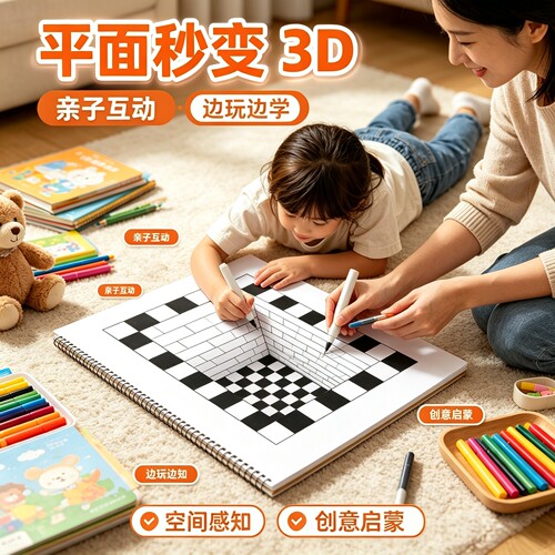 儿童益智魔法3D立体迷宫临摹描红本绘画平面秒变3D亲子互动涂色本