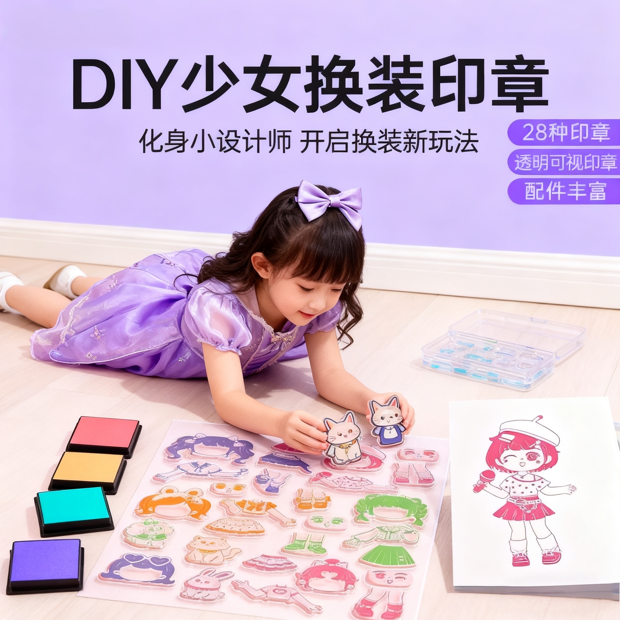 儿童换装DIY少女换装印章儿童透明可观印章玩具3-6岁32种印章贴纸